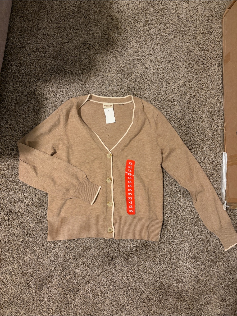Scotch & Soda Beige V-Neck Button Cardigan with Cream Trim